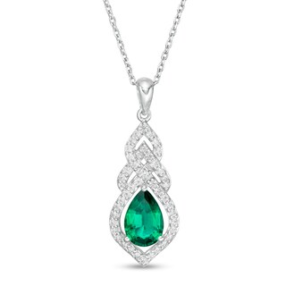 Pear-Shaped Lab-Created Emerald and White Sapphire Interwoven Drop Pendant in Sterling Silver