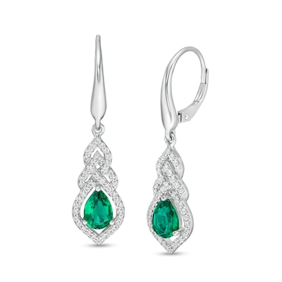 Pear-Shaped Lab-Created Emerald and White Sapphire Interwoven Drop Earrings in Sterling Silver