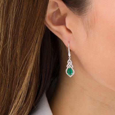 Pear-Shaped Lab-Created Emerald and White Sapphire Interwoven Drop Earrings in Sterling Silver