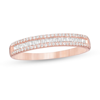 0.25 CT. T.W. Baguette and Round Diamond Triple Row Anniversary Band in 10K Rose Gold