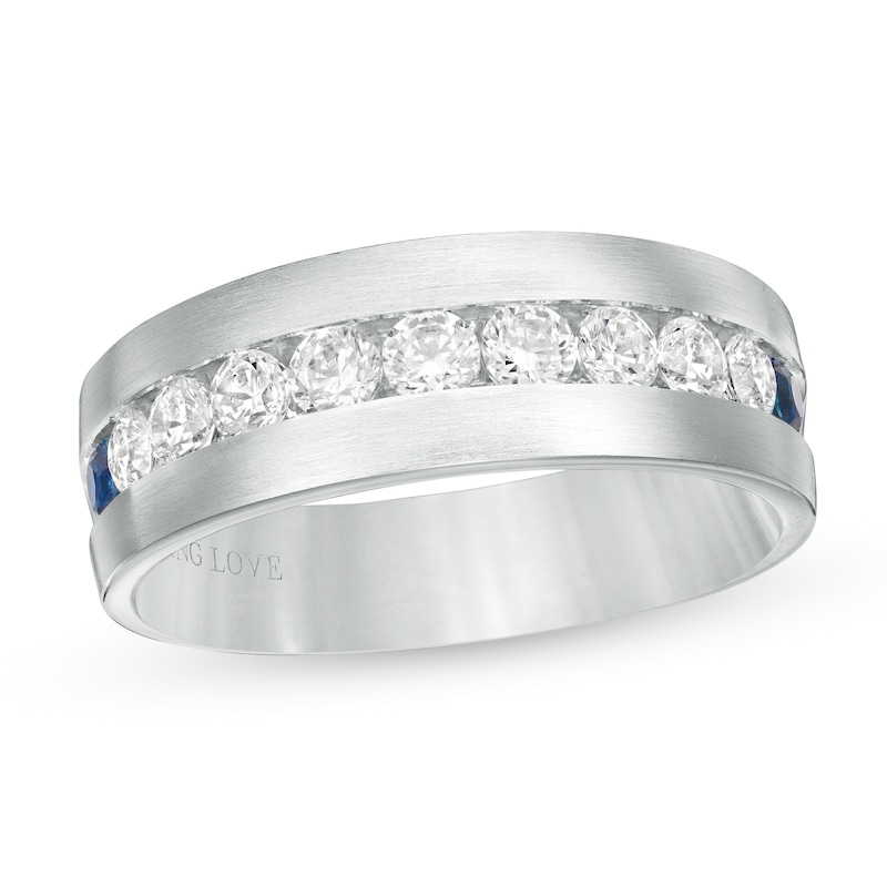 Vera Wang Love Collection Men's 0.95 CT. T.W. Diamond and Blue Sapphire Wedding Band in 14K White Gold