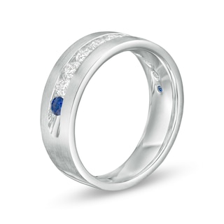 Vera Wang Love Collection Men's 0.95 CT. T.W. Diamond and Blue Sapphire Wedding Band in 14K White Gold