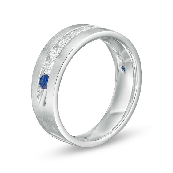 Vera Wang Love Collection Men's 0.95 CT. T.W. Diamond and Blue Sapphire Wedding Band in 14K White Gold