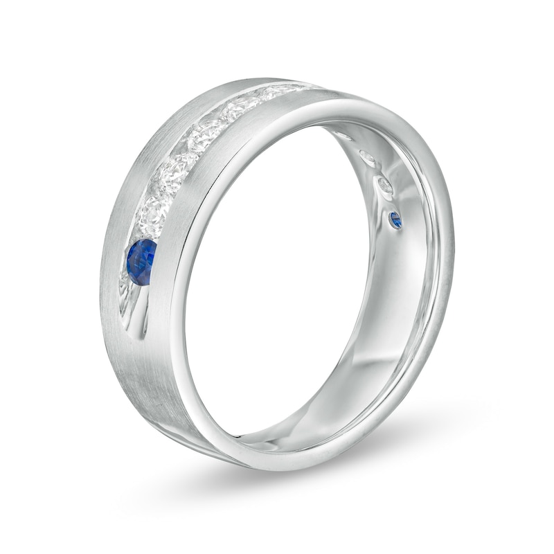 Vera Wang Love Collection Men's 0.95 CT. T.W. Diamond and Blue Sapphire Wedding Band in 14K White Gold|Peoples Jewellers