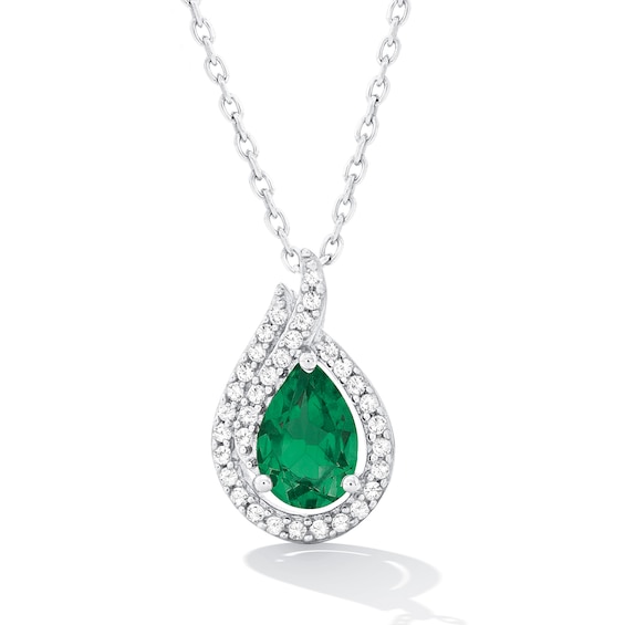 Pear-Shaped Lab-Created Emerald and White Sapphire Open Flame Pendant in Sterling Silver