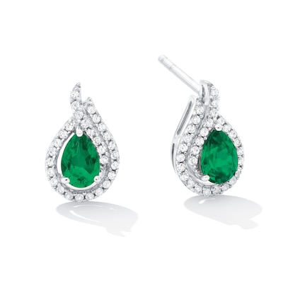 Pear-Shaped Lab-Created Emerald and White Sapphire Open Flame Stud Earrings in Sterling Silver