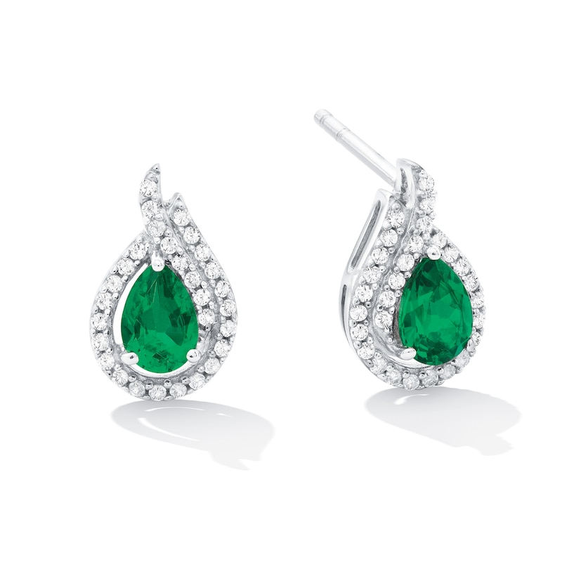 Pear-Shaped Lab-Created Emerald and White Sapphire Open Flame Stud Earrings in Sterling Silver|Peoples Jewellers