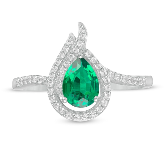 Pear-Shaped Lab-Created Emerald and White Sapphire Open Flame Ring in Sterling Silver