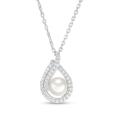 5.0mm Button Freshwater Cultured Pearl and Lab-Created White Sapphire Flame Pendant in Sterling Silver