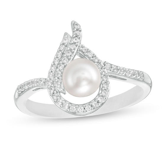 5.0mm Button Freshwater Cultured Pearl and Lab-Created White Sapphire Flame Ring in Sterling Silver