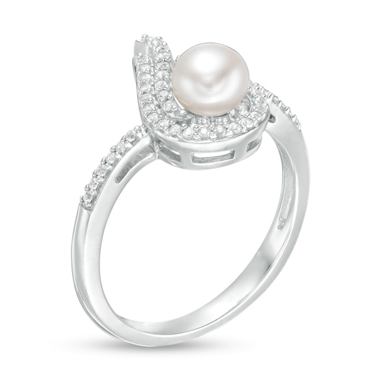 5.0mm Button Freshwater Cultured Pearl and Lab-Created White Sapphire Flame Ring in Sterling Silver