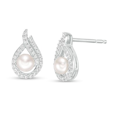 4.0mm Button Freshwater Cultured Pearl and Lab-Created White Sapphire Flame Stud Earrings in Sterling Silver