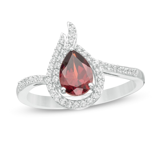 Pear-Shaped Garnet and Lab-Created White Sapphire Flame Ring in Sterling Silver