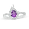 Pear-Shaped Amethyst and Lab-Created White Sapphire Flame Ring in Sterling Silver