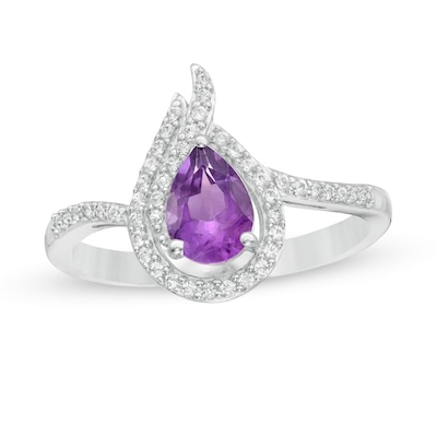 Pear-Shaped Amethyst and Lab-Created White Sapphire Flame Ring in Sterling Silver