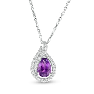 Pear-Shaped Amethyst and Lab-Created White Sapphire Flame Pendant in Sterling Silver