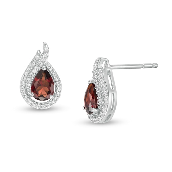 Pear-Shaped Garnet and Lab-Created White Sapphire Flame Stud Earrings in Sterling Silver