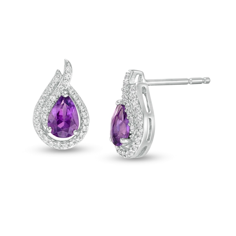 Pear-Shaped Amethyst and Lab-Created White Sapphire Flame Stud Earrings in Sterling Silver|Peoples Jewellers