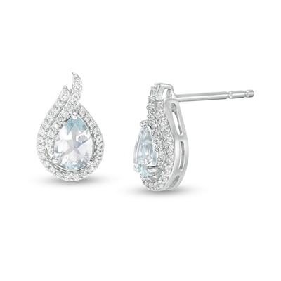 Pear-Shaped Aquamarine and Lab-Created White Sapphire Flame Stud Earrings in Sterling Silver