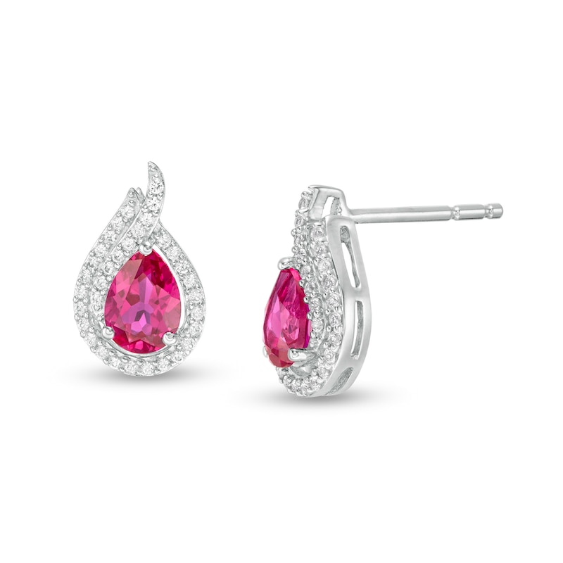 Pear-Shaped Lab-Created Ruby and White Sapphire Flame Stud Earrings in Sterling Silver