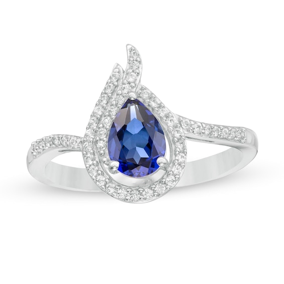 Pear-Shaped Lab-Created Blue and White Sapphire Flame Ring in Sterling Silver