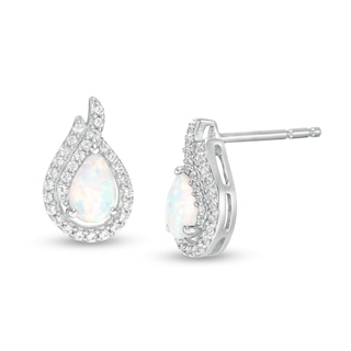 Pear-Shaped Lab-Created Opal and White Sapphire Flame Stud Earrings in Sterling Silver