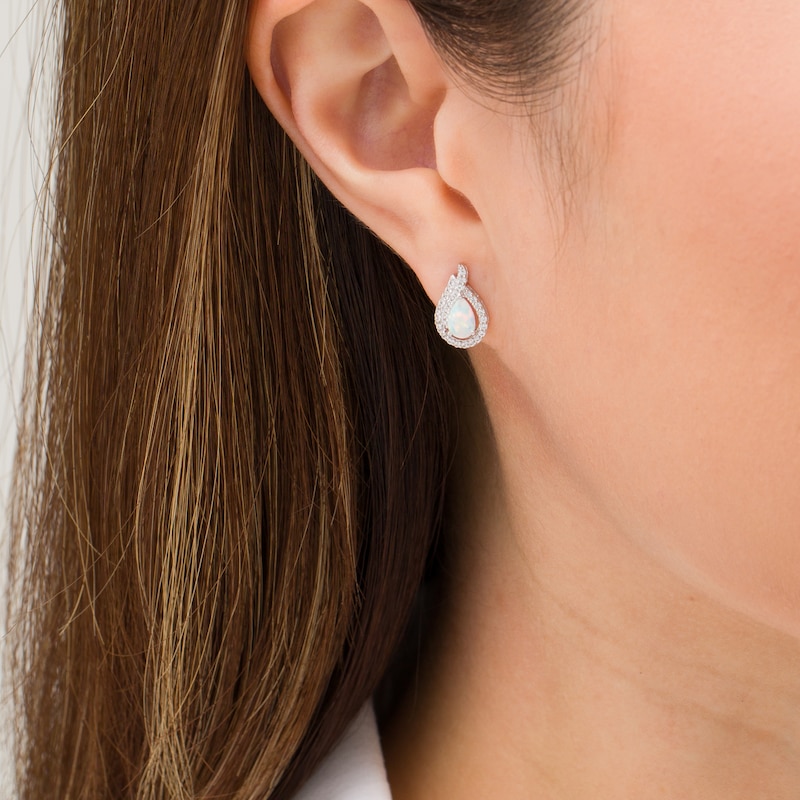 Pear-Shaped Lab-Created Opal and White Sapphire Flame Stud Earrings in Sterling Silver