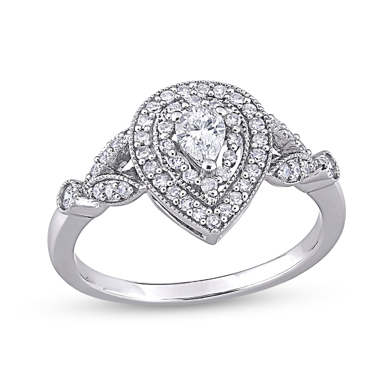 0.50 CT. T.W. Pear-Shaped Diamond Double Frame Leaf-Sides Vintage-Style Engagement Ring in 10K White Gold|Peoples Jewellers