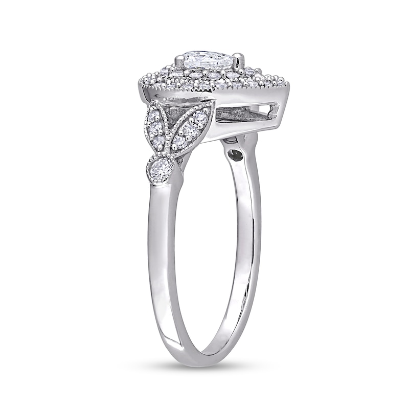 0.50 CT. T.W. Pear-Shaped Diamond Double Frame Leaf-Sides Vintage-Style Engagement Ring in 10K White Gold