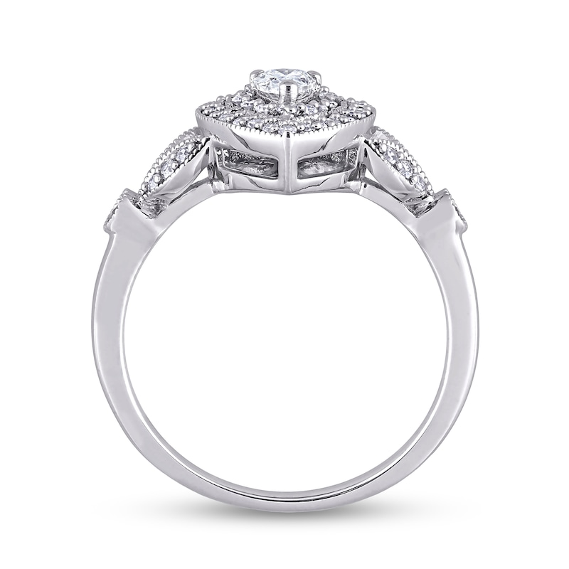 0.50 CT. T.W. Pear-Shaped Diamond Double Frame Leaf-Sides Vintage-Style Engagement Ring in 10K White Gold