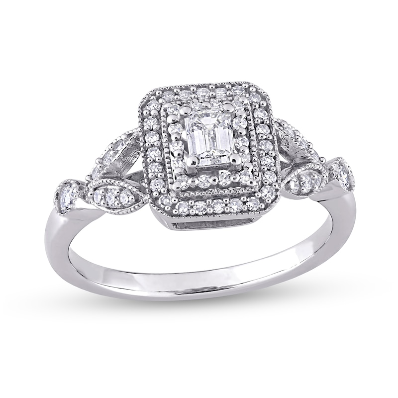 0.47 CT. T.W. Emerald-Cut Diamond Double Frame Leaf-Sides Vintage-Style Engagement Ring in 10K White Gold|Peoples Jewellers