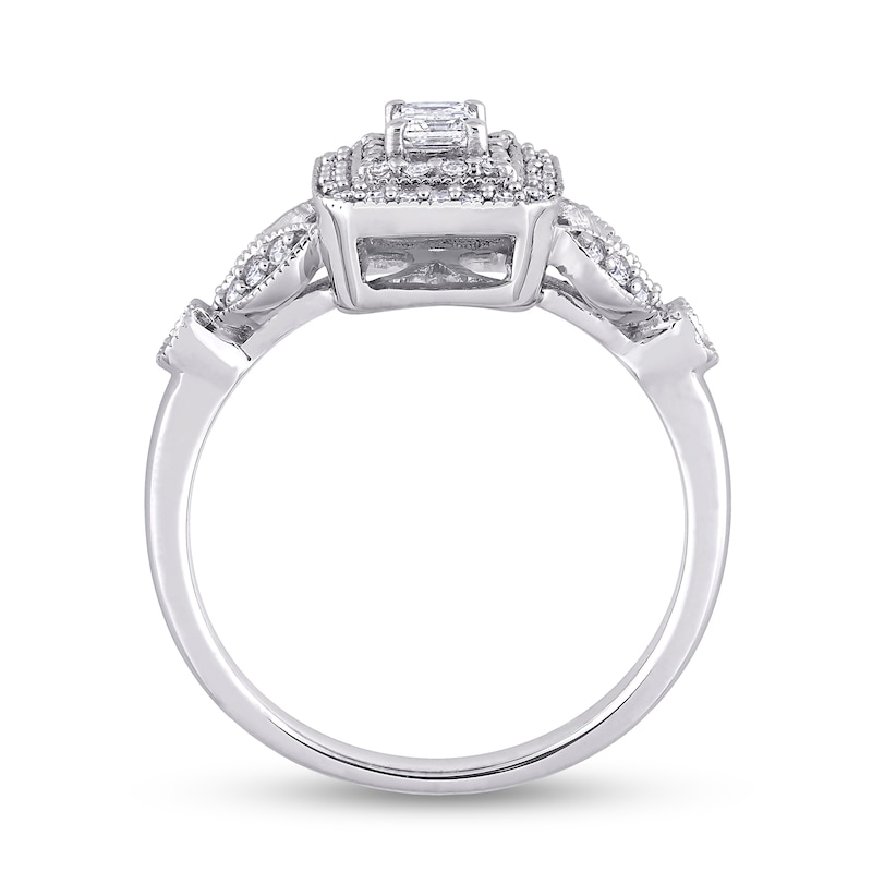 0.47 CT. T.W. Emerald-Cut Diamond Double Frame Leaf-Sides Vintage-Style Engagement Ring in 10K White Gold