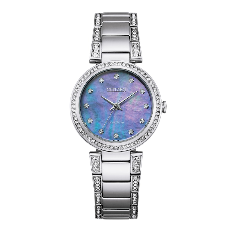 Ladies' Citizen Eco-Drive® Crystal Accent Watch with Blue Mother-of-Pearl Dial (Model: EM0840-59N)|Peoples Jewellers