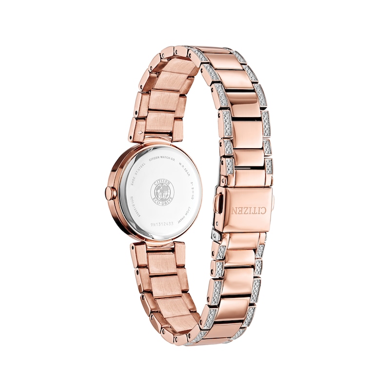 Ladies' Citizen Eco-Drive® Crystal Accent Rose-Tone Watch with Mother-of-Pearl Dial (Model: EM0843-51D)|Peoples Jewellers