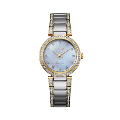 Ladies' Citizen Eco-Drive® Crystal Accent Two-Tone Watch with Mother-of-Pearl Dial (Model: EM0844-58D)