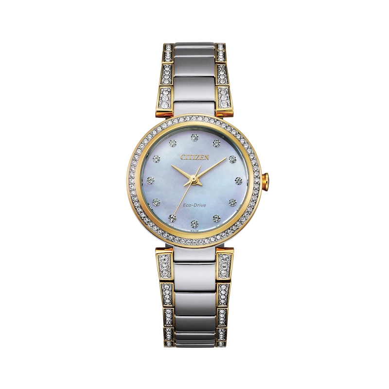 Ladies' Citizen Eco-Drive® Crystal Accent Two-Tone Watch with Mother-of-Pearl Dial (Model: EM0844-58D)|Peoples Jewellers