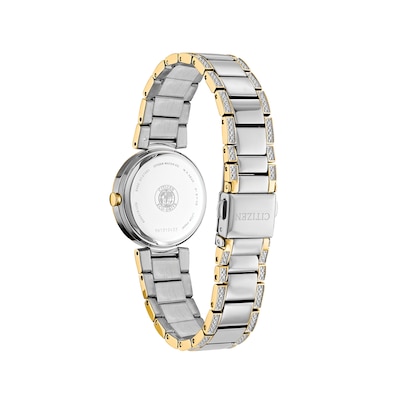 Ladies' Citizen Eco-Drive® Crystal Accent Two-Tone Watch with Mother-of-Pearl Dial (Model: EM0844-58D)