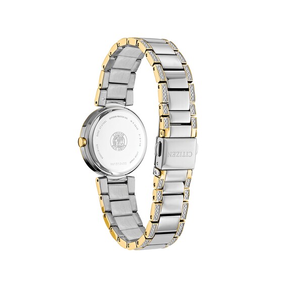 Ladies' Citizen Eco-Drive® Crystal Accent Two-Tone Watch with Mother-of-Pearl Dial (Model: EM0844-58D)