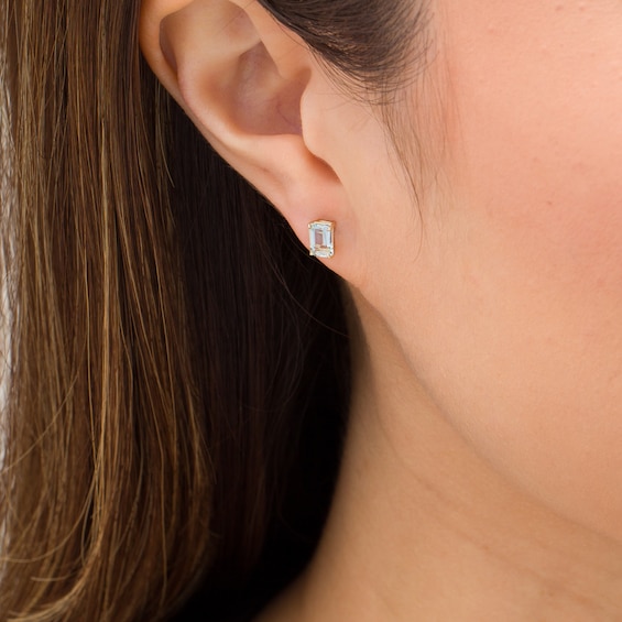 Emerald-Cut Aquamarine Solitaire Stud Earrings in 14K Gold