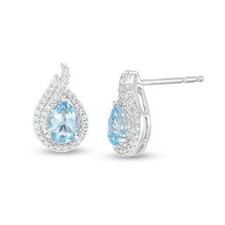 Pear-Shaped Swiss Blue Topaz and Lab-Created White Sapphire Flame Stud Earrings in Sterling Silver