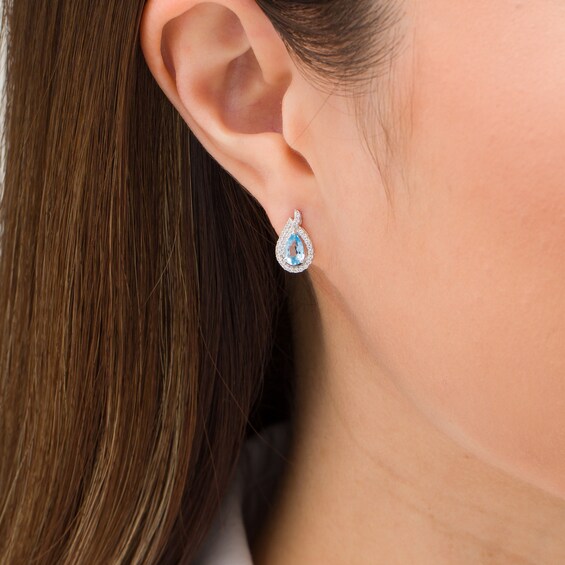 Pear-Shaped Swiss Blue Topaz and Lab-Created White Sapphire Flame Stud Earrings in Sterling Silver