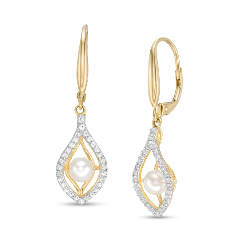 4.5-5.0mm Freshwater Cultured Pearl and White Topaz Double Teardrop Earrings in 10K Gold