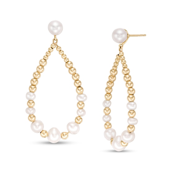 3.5-6.0mm Freshwater Cultured Pearl and Gold Bead Graduated Open Teardrop Earrings in 10K Gold