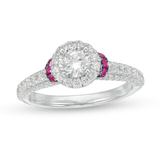 Vera Wang Love Collection 0.95 CT. T.W. Diamond and Pink Sapphire Collar Engagement Ring in 14K White Gold