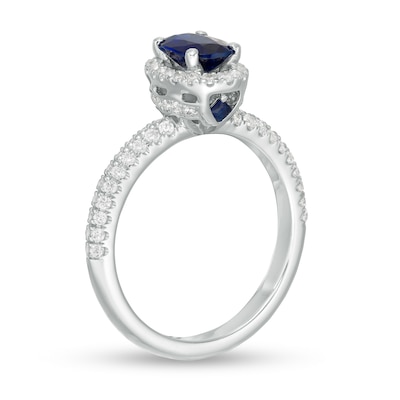 Vera Wang Love Collection Certified Oval Blue Sapphire and 0.37 CT. T.W. Diamond Frame Engagement Ring in 14K White Gold