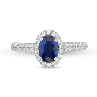 Vera Wang Love Collection Certified Oval Blue Sapphire and 0.37 CT. T.W. Diamond Frame Engagement Ring in 14K White Gold