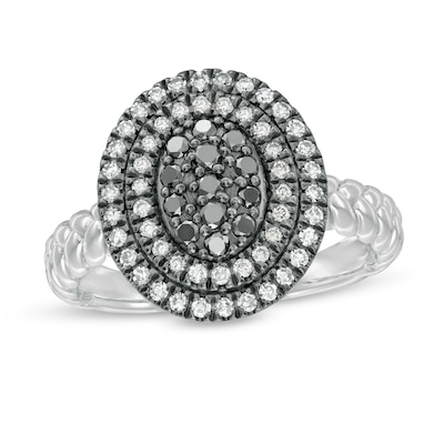 0.45 CT. T.W. Composite Enhanced Black, Champagne and White Diamond Frame Rope Shank Ring in Sterling Silver