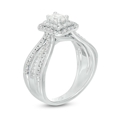 0.95 CT. T.W. Certified Canadian Emerald-Cut Diamond Double Frame Multi-Row Engagement Ring in 14K White Gold (I/SI2)