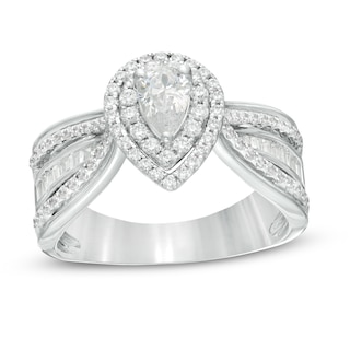 0.95 CT. T.W. Certified Canadian Pear-Shaped Diamond Double Frame Multi-Row Engagement Ring in 14K White Gold (I/SI2)