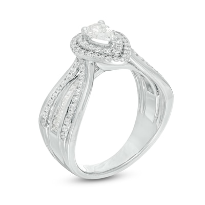 0.95 CT. T.W. Certified Canadian Pear-Shaped Diamond Double Frame Multi-Row Engagement Ring in 14K White Gold (I/SI2)